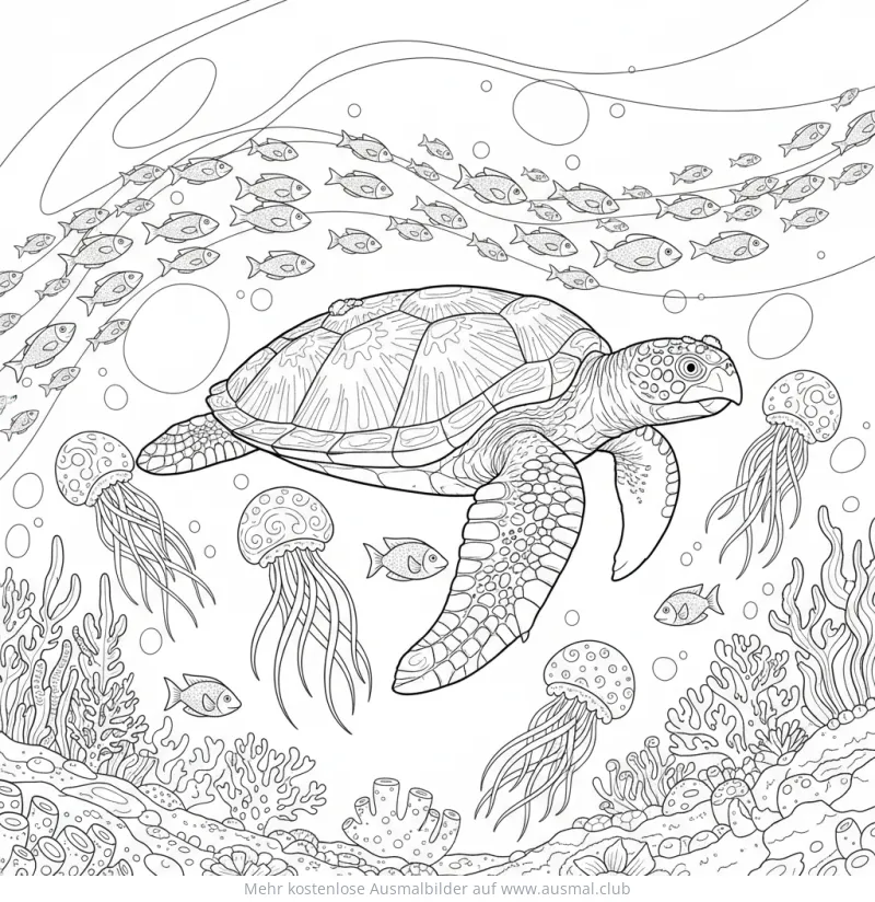 Schildkröte Ausmalbild im Ozean mit Quallen und Fischen