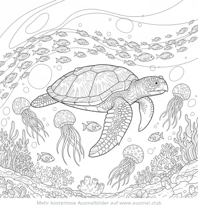Schildkröte Ausmalbild im Ozean mit Quallen und Fischen