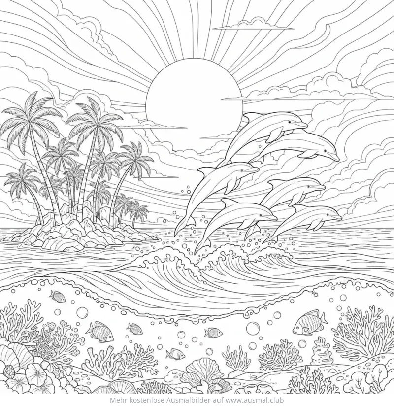 Delfine springen aus dem Wasser Ausmalbild mit Palmeninsel und Unterwasserwelt