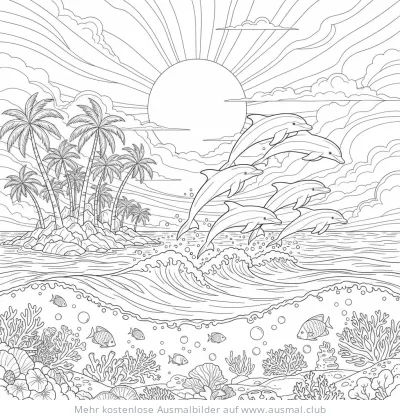 Delfine springen aus dem Wasser Ausmalbild mit Palmeninsel und Unterwasserwelt