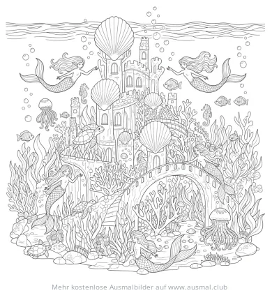 Meerjungfrau und Unterwasserschloss Ausmalbild