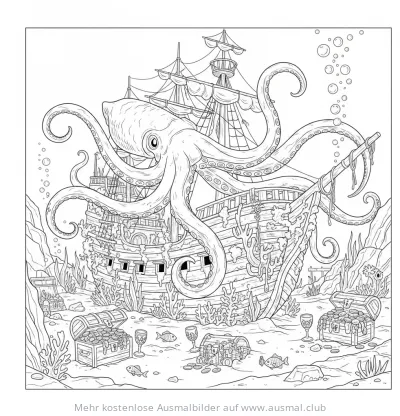 Tintenfisch auf gesunkenem Schiff mit Schätzen Ausmalbild