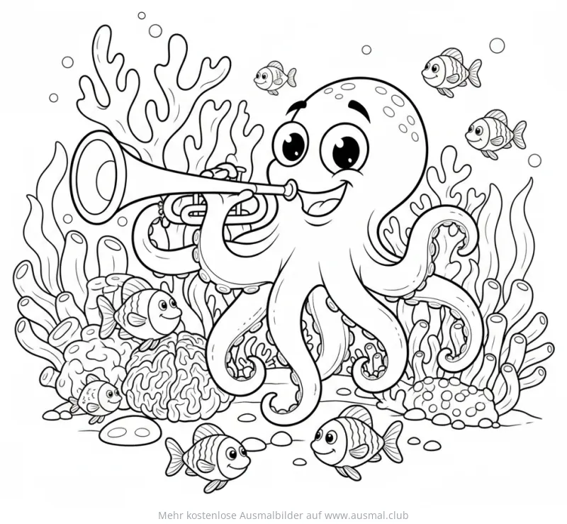 Oktopus spielt Trompete, umgeben von Fischen und Korallen, Ausmalbild