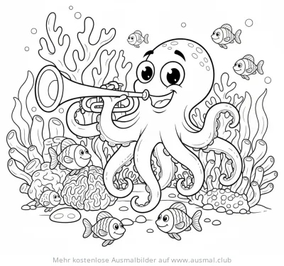 Oktopus spielt Trompete, umgeben von Fischen und Korallen, Ausmalbild