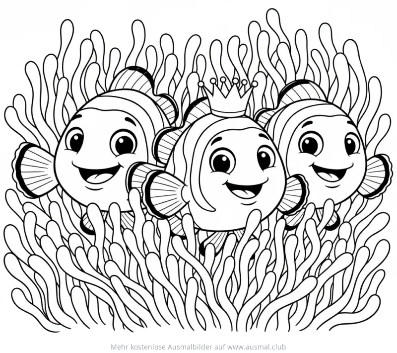 Drei Clownfische in Seeanemone Ausmalbild, einer mit Krone