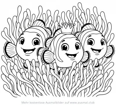 Drei Clownfische in Seeanemone Ausmalbild, einer mit Krone