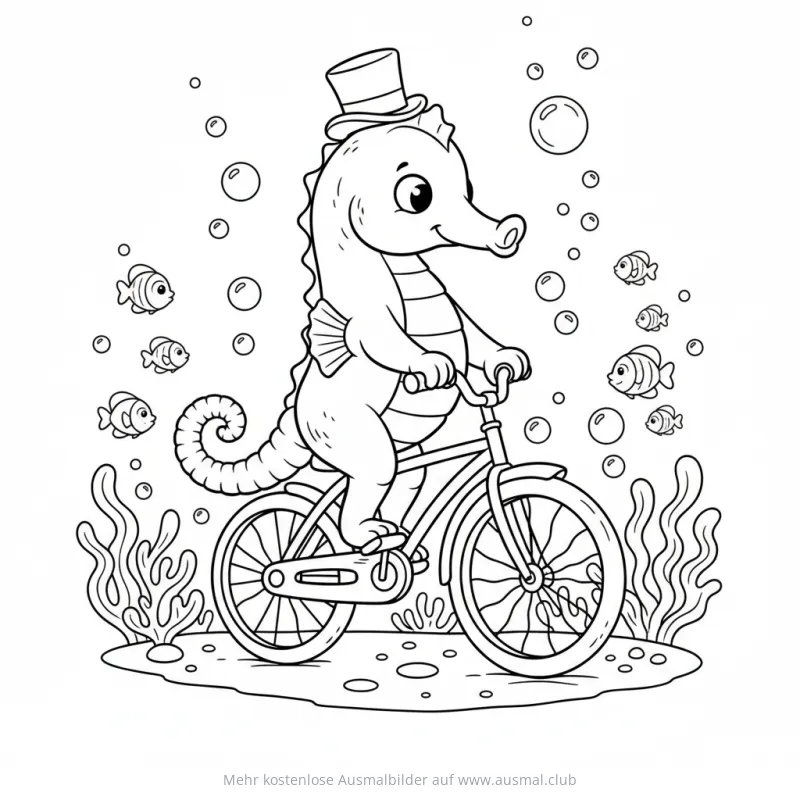 Seepferdchen mit Zylinder fährt Fahrrad Ausmalbild