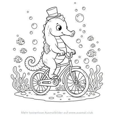 Seepferdchen mit Zylinder fährt Fahrrad Ausmalbild