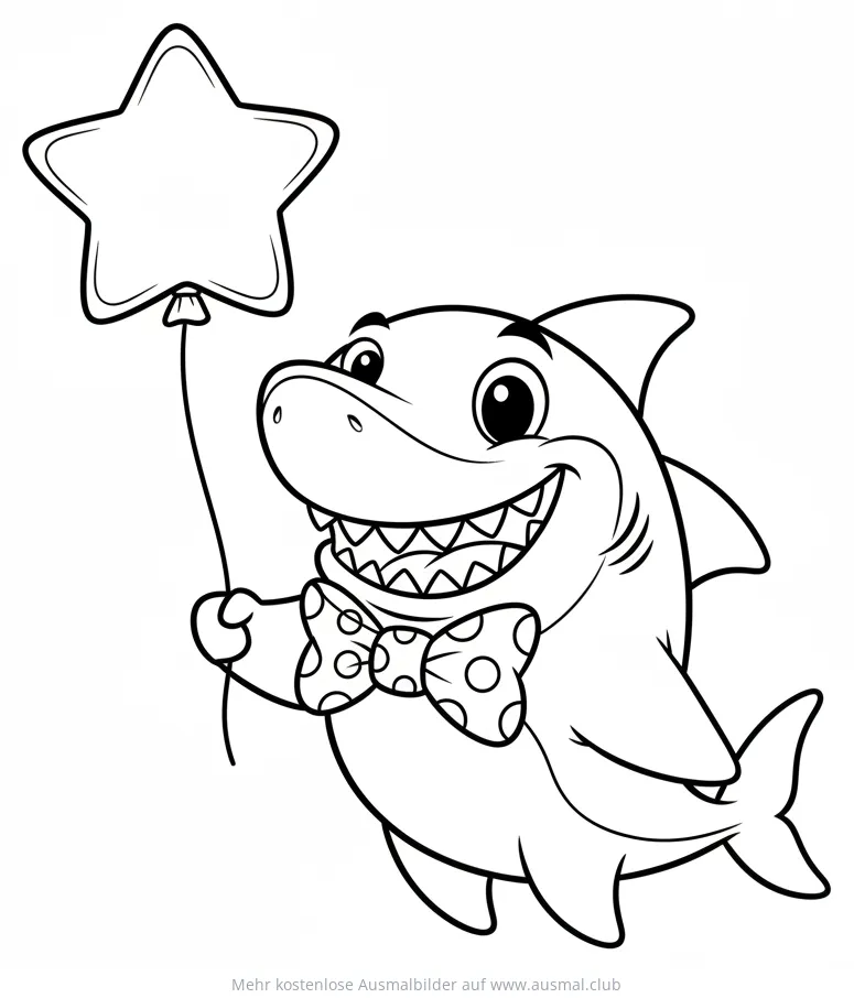 Freundlicher Hai mit Fliege und Sternenballon Ausmalbild