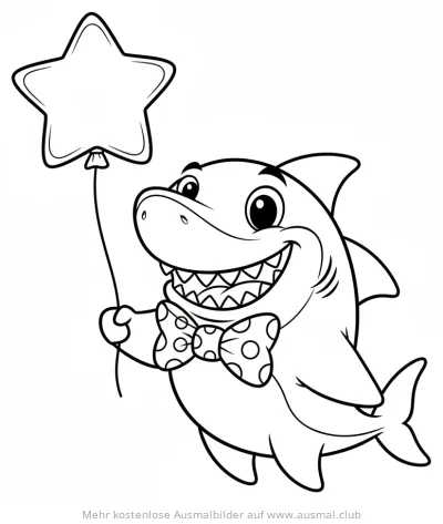 Freundlicher Hai mit Fliege und Sternenballon Ausmalbild