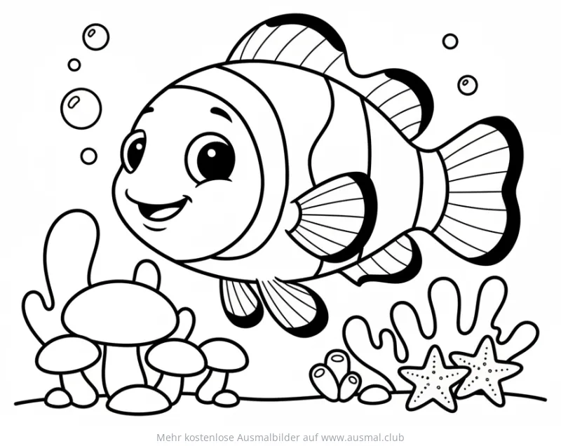 Freundlicher Clownfisch mit Korallen und Seesternen Ausmalbild