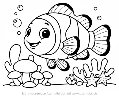 Freundlicher Clownfisch mit Korallen und Seesternen Ausmalbild