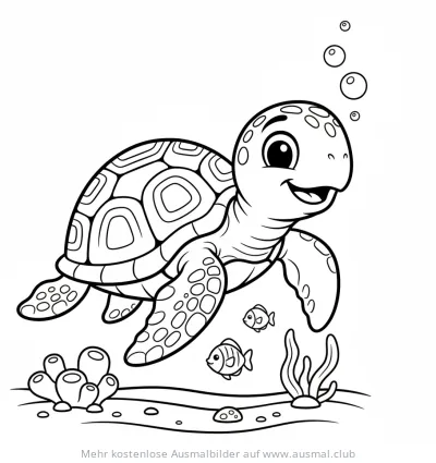 Freundliche Schildkröte mit Fischen im Ozean Ausmalbild
