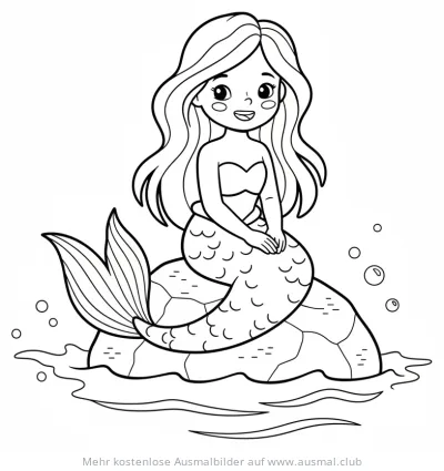 Niedliche Meerjungfrau sitzt auf Felsen im Meer Ausmalbild