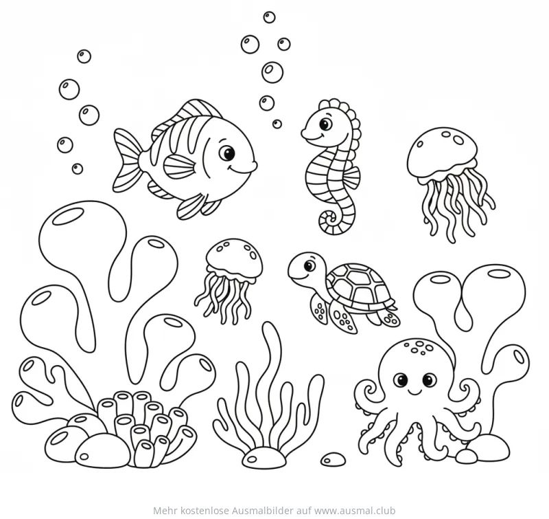 Korallenriff Ausmalbild mit Fisch, Seepferdchen, Qualle, Schildkröte und Oktopus