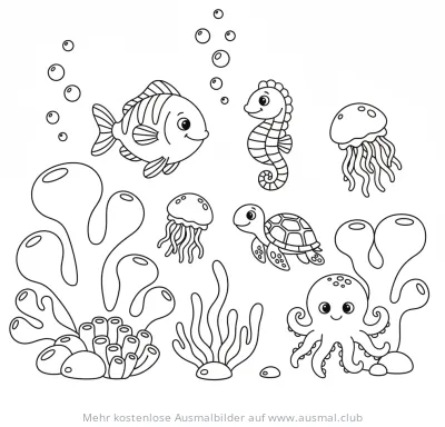 Korallenriff Ausmalbild mit Fisch, Seepferdchen, Qualle, Schildkröte und Oktopus