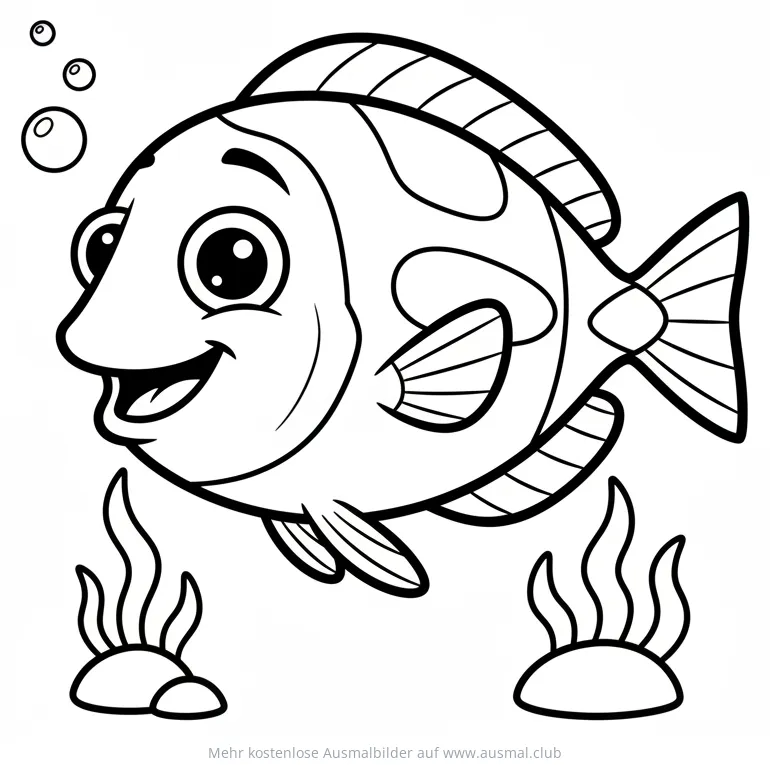 Freundlicher Fisch schwimmt zwischen Seegras, Ausmalbild