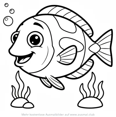 Freundlicher Fisch schwimmt zwischen Seegras, Ausmalbild