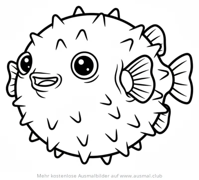 Kugelfisch Ausmalbild mit großen Augen und stacheligen Schuppen