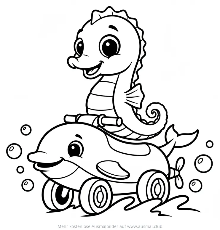 Seepferdchen auf Delfin-Roller Ausmalbild