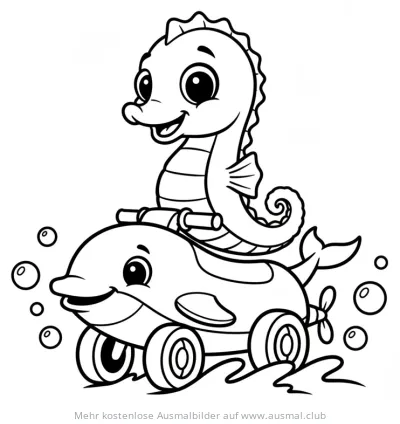 Seepferdchen auf Delfin-Roller Ausmalbild