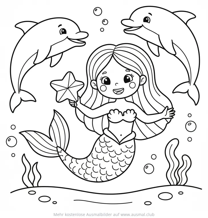 Meerjungfrau mit Delfinen Ausmalbild