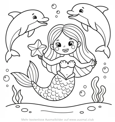 Meerjungfrau mit Delfinen Ausmalbild