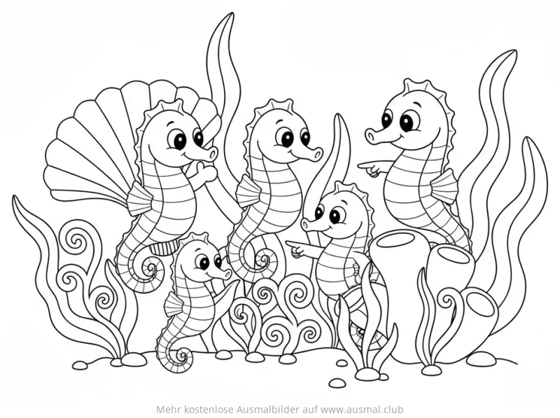 Seepferdchen Ausmalbild mit Algen und Muschel