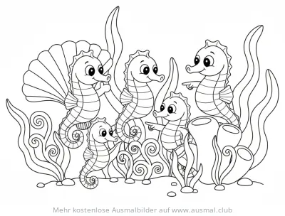Seepferdchen Ausmalbild mit Algen und Muschel