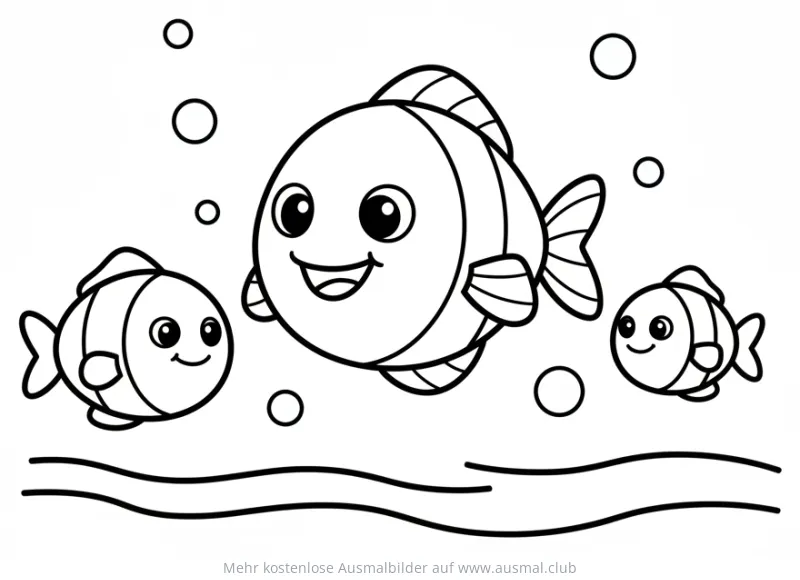 Fischfamilie Ausmalbild im Ozean mit Blasen und Wellen