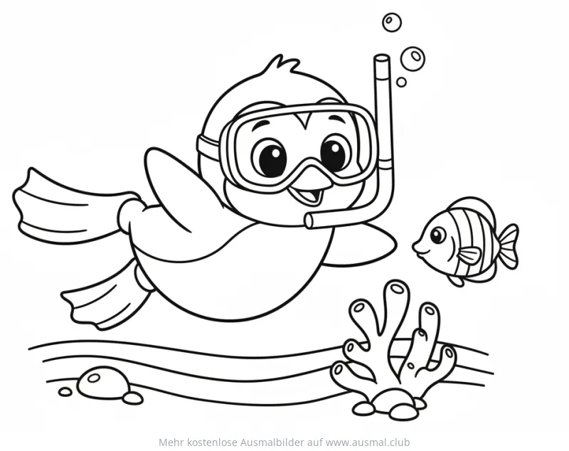 Pinguin mit Taucherbrille und Fisch Ausmalbild
