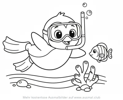 Pinguin mit Taucherbrille und Fisch Ausmalbild