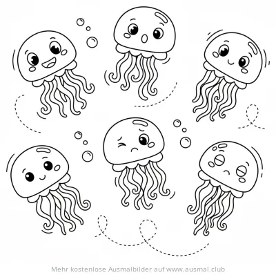 Cartoon Quallen mit verschiedenen Gesichtsausdrücken Ausmalbild