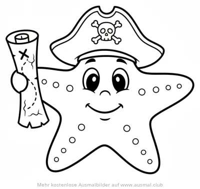Seestern als Pirat mit Schatzkarte Ausmalbild