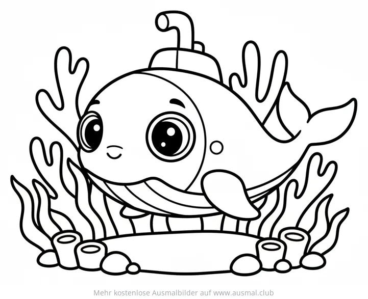 U-Boot in Walform mit freundlichem Gesicht zwischen Meerespflanzen Ausmalbild