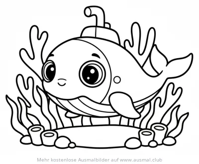 U-Boot in Walform mit freundlichem Gesicht zwischen Meerespflanzen Ausmalbild