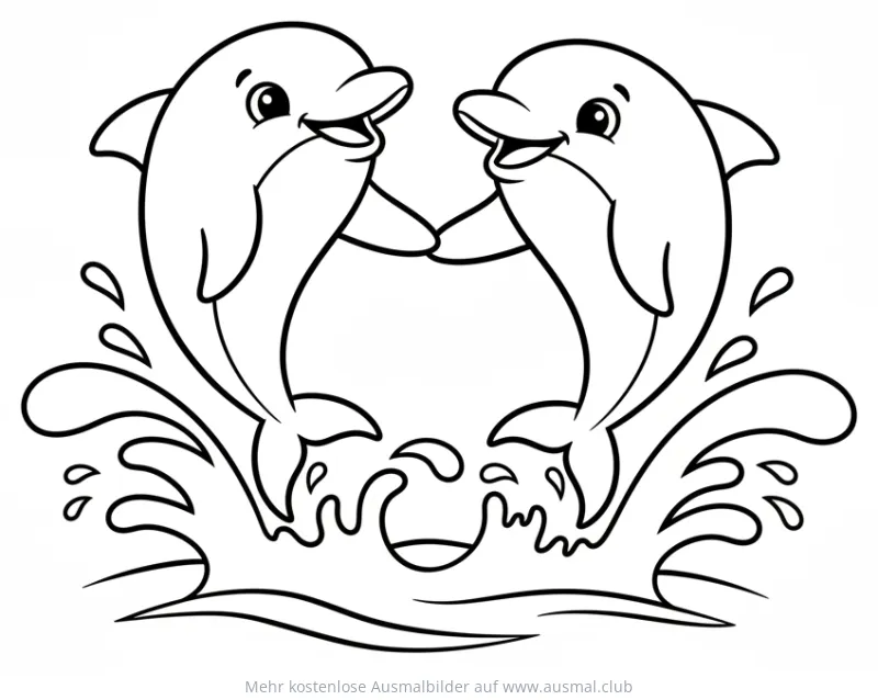 Zwei Delfine halten Händchen und springen aus dem Wasser Ausmalbild