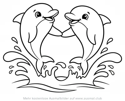 Zwei Delfine halten Händchen und springen aus dem Wasser Ausmalbild