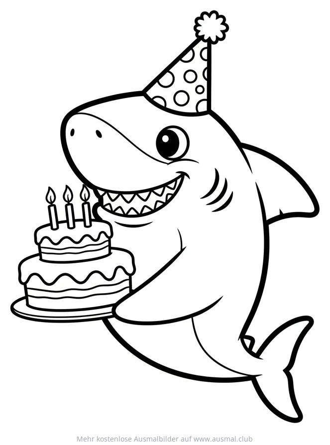 Hai mit Geburtstagstorte und Partyhut Ausmalbild