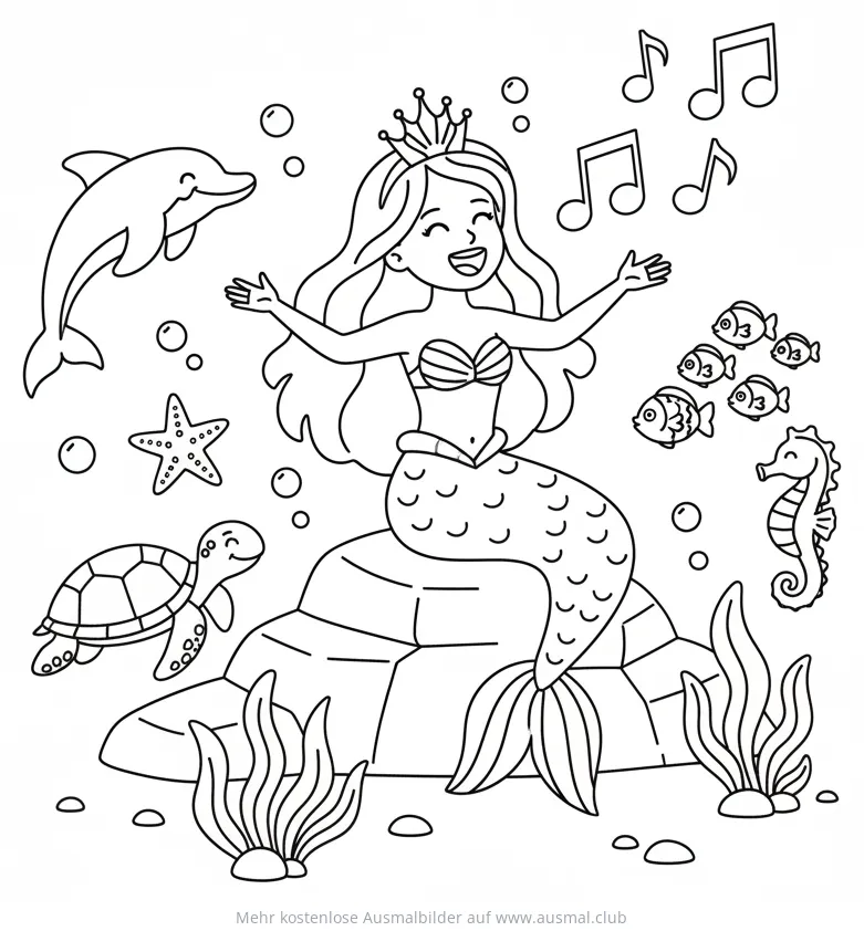 Meerjungfrau singt Ausmalbild mit Delfin, Fischen und Schildkröte