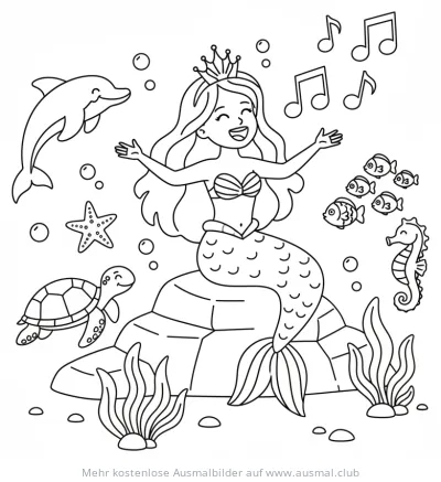 Meerjungfrau singt Ausmalbild mit Delfin, Fischen und Schildkröte