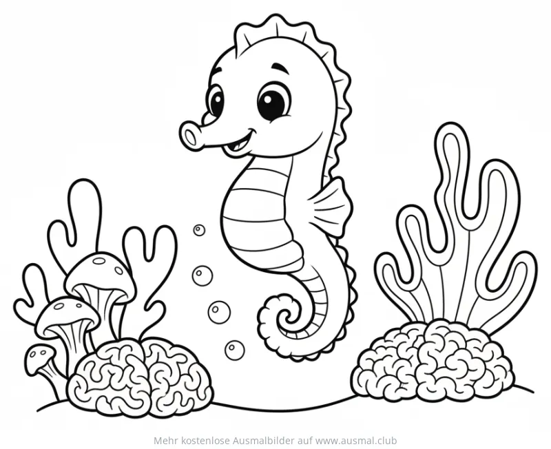 Freundliches Seepferdchen Ausmalbild mit Korallen