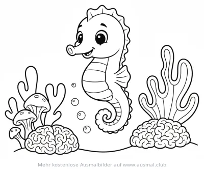 Freundliches Seepferdchen Ausmalbild mit Korallen