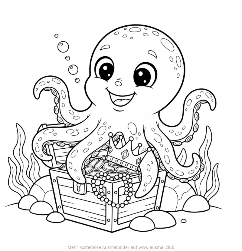 Freundlicher Oktopus mit Krone auf Schatztruhe Ausmalbild