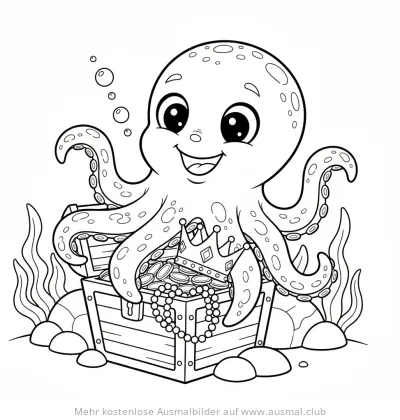 Freundlicher Oktopus mit Krone auf Schatztruhe Ausmalbild