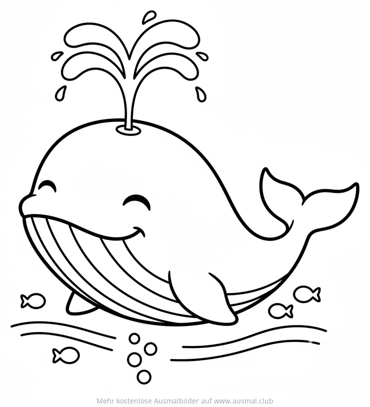 Freundlicher Wal verspritzt Wasser, Ausmalbild mit Fischen und Blasen