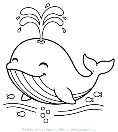 Freundlicher Wal verspritzt Wasser, Ausmalbild mit Fischen und Blasen