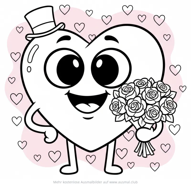 Freundliches Herz mit Zylinder und Rosenstrauß Ausmalbild