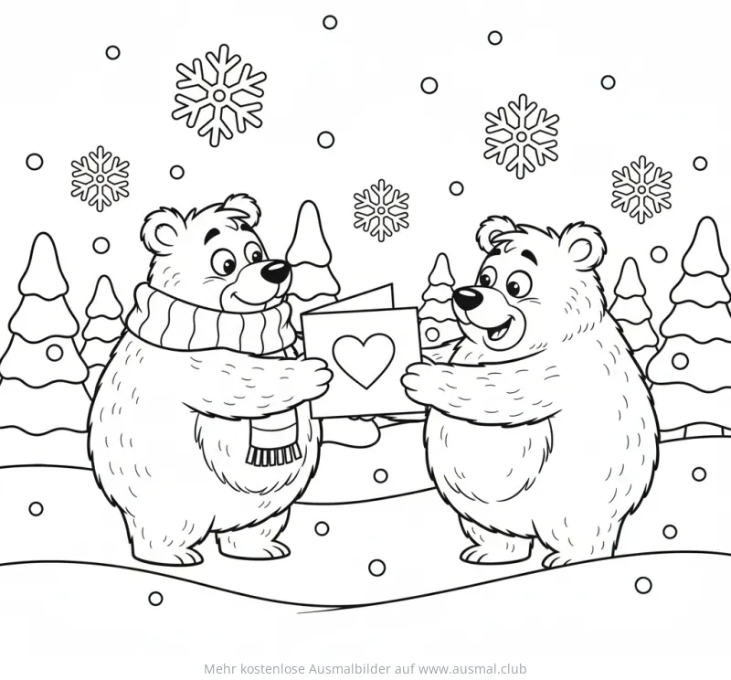 Zwei Bären mit Herz-Karte im Schnee Ausmalbild