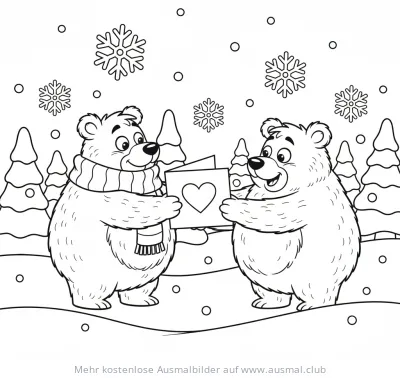 Zwei Bären mit Herz-Karte im Schnee Ausmalbild